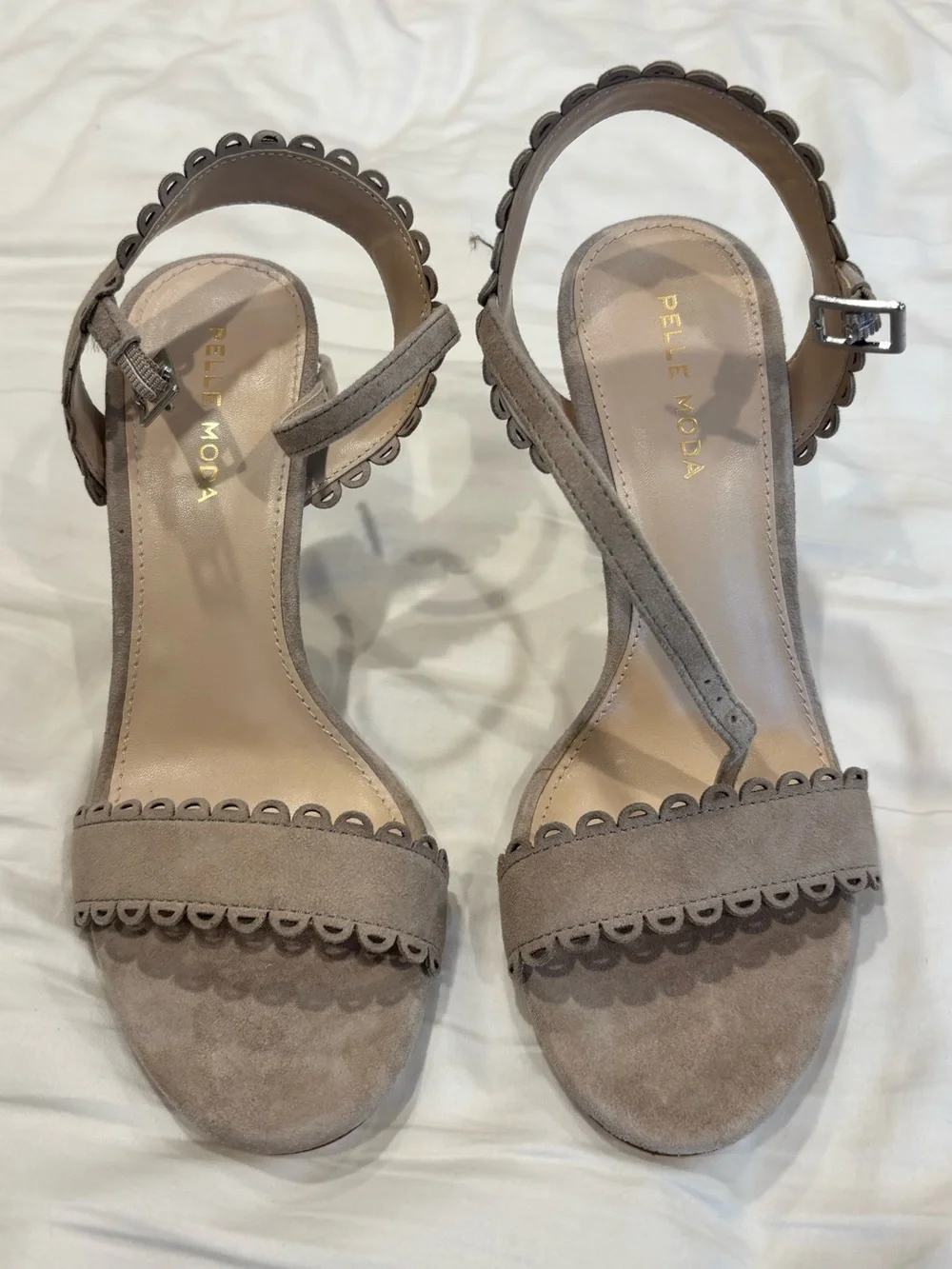 NWOT Pelle Moda Taupe Scallop-Trim Suede Ankle-Strap Heels